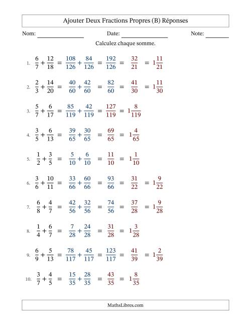Ajouter deux fractions propres avec des dénominateurs différents, résultats en fractions mixtes, et avec simplification dans quelques problèmes (B) page 2
