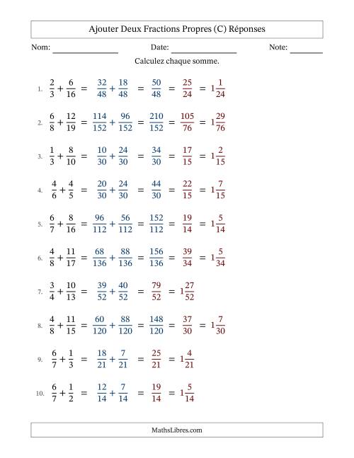 Ajouter deux fractions propres avec des dénominateurs différents, résultats en fractions mixtes, et avec simplification dans quelques problèmes (C) page 2