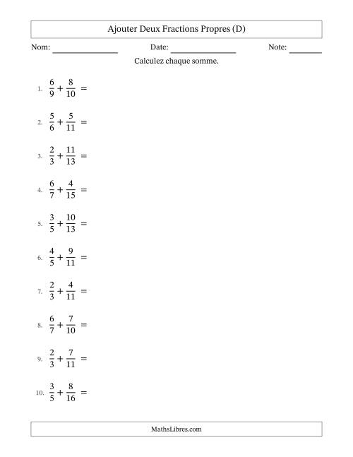 Ajouter deux fractions propres avec des dénominateurs différents, résultats en fractions mixtes, et avec simplification dans quelques problèmes (D)