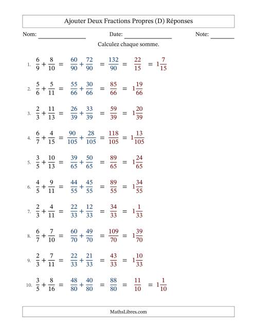 Ajouter deux fractions propres avec des dénominateurs différents, résultats en fractions mixtes, et avec simplification dans quelques problèmes (D) page 2