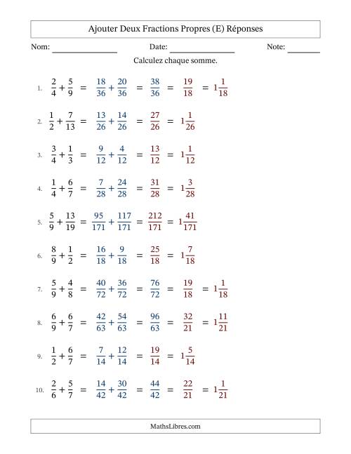Ajouter deux fractions propres avec des dénominateurs différents, résultats en fractions mixtes, et avec simplification dans quelques problèmes (E) page 2