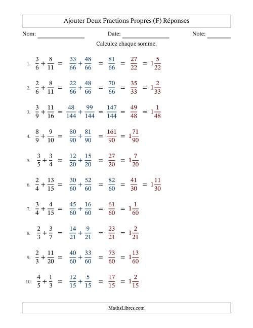 Ajouter deux fractions propres avec des dénominateurs différents, résultats en fractions mixtes, et avec simplification dans quelques problèmes (F) page 2