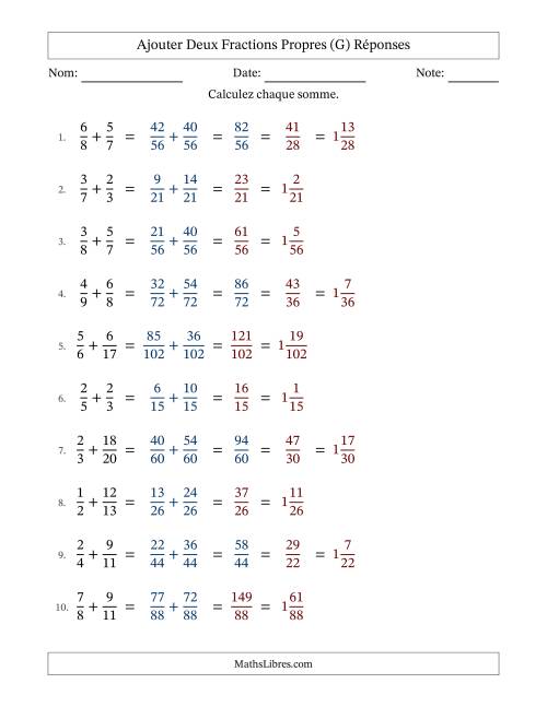 Ajouter deux fractions propres avec des dénominateurs différents, résultats en fractions mixtes, et avec simplification dans quelques problèmes (G) page 2