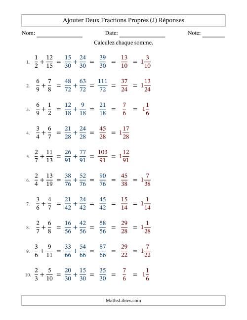 Ajouter deux fractions propres avec des dénominateurs différents, résultats en fractions mixtes, et avec simplification dans quelques problèmes (J) page 2