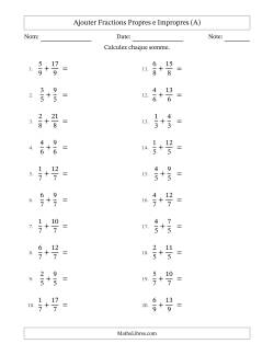 Ajouter fractions propres e impropres avec des dénominateurs égaux, résultats en fractions mixtes, et sans simplification