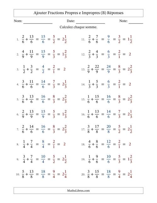 Ajouter fractions propres e impropres avec des dénominateurs égaux, résultats en fractions mixtes, et avec simplification dans tous les problèmes (B) page 2