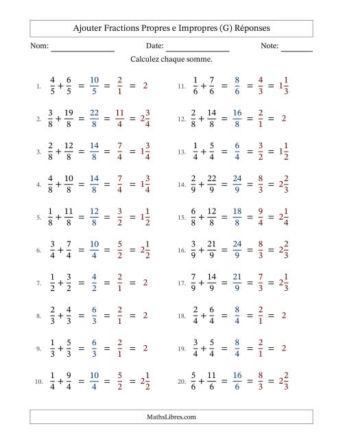 Ajouter fractions propres e impropres avec des dénominateurs égaux, résultats en fractions mixtes, et avec simplification dans tous les problèmes (G) page 2