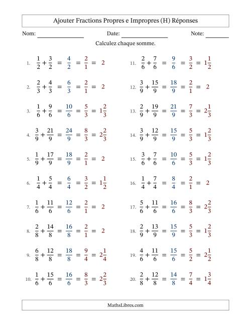 Ajouter fractions propres e impropres avec des dénominateurs égaux, résultats en fractions mixtes, et avec simplification dans tous les problèmes (H) page 2