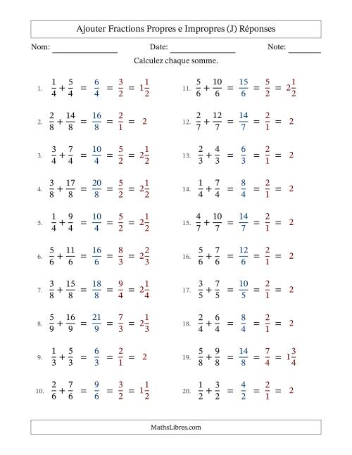 Ajouter fractions propres e impropres avec des dénominateurs égaux, résultats en fractions mixtes, et avec simplification dans tous les problèmes (J) page 2