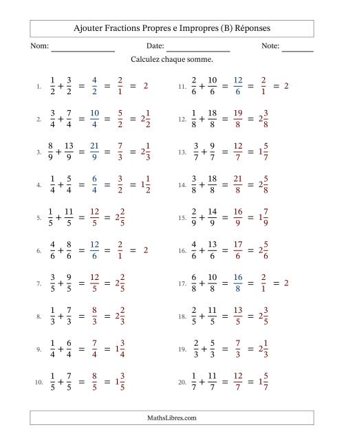 Ajouter fractions propres e impropres avec des dénominateurs égaux, résultats en fractions mixtes, et avec simplification dans quelques problèmes (B) page 2
