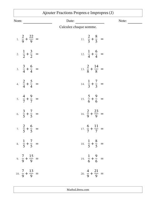 Ajouter fractions propres e impropres avec des dénominateurs égaux, résultats en fractions mixtes, et avec simplification dans quelques problèmes (J)