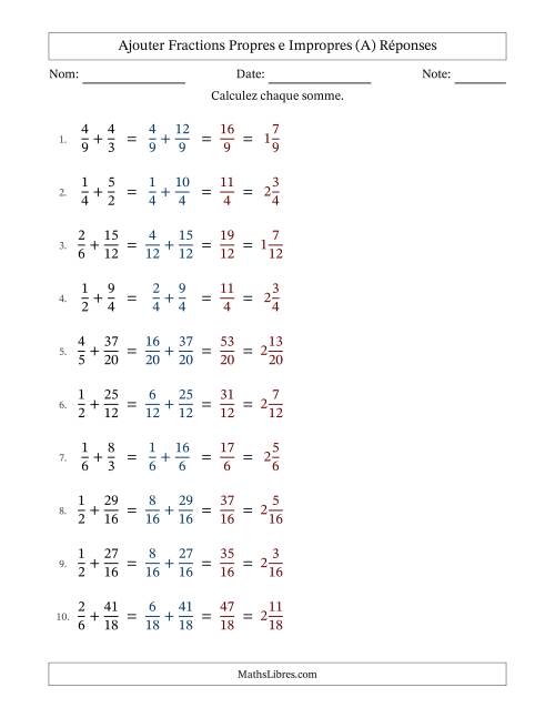 Ajouter fractions propres e impropres avec des dénominateurs similaires, résultats en fractions mixtes, et sans simplification (A) page 2