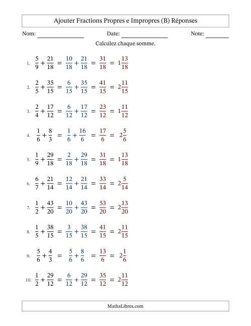 Ajouter fractions propres e impropres avec des dénominateurs similaires, résultats en fractions mixtes, et sans simplification (B) page 2