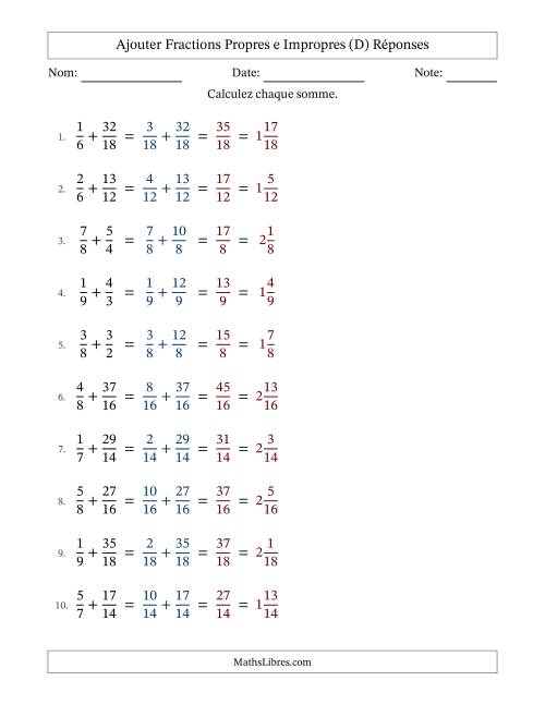 Ajouter fractions propres e impropres avec des dénominateurs similaires, résultats en fractions mixtes, et sans simplification (D) page 2