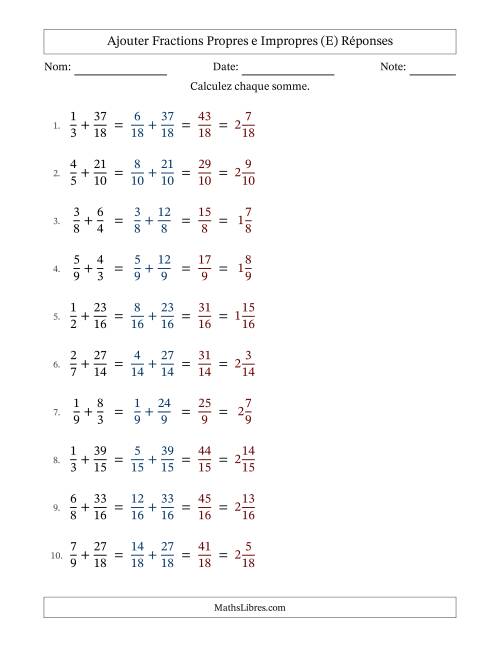 Ajouter fractions propres e impropres avec des dénominateurs similaires, résultats en fractions mixtes, et sans simplification (E) page 2