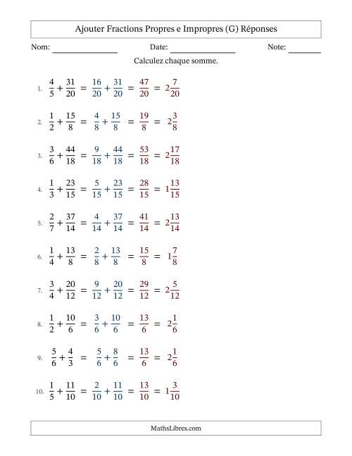 Ajouter fractions propres e impropres avec des dénominateurs similaires, résultats en fractions mixtes, et sans simplification (G) page 2