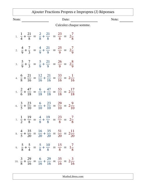 Ajouter fractions propres e impropres avec des dénominateurs similaires, résultats en fractions mixtes, et sans simplification (J) page 2