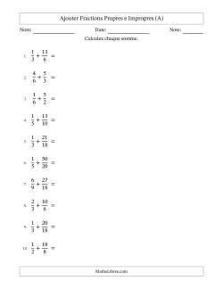 Ajouter fractions propres e impropres avec des dénominateurs similaires, résultats en fractions mixtes, et avec simplification dans tous les problèmes