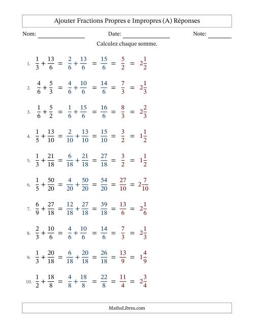 Ajouter fractions propres e impropres avec des dénominateurs similaires, résultats en fractions mixtes, et avec simplification dans tous les problèmes (A) page 2