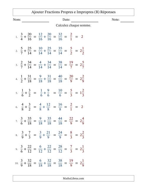 Ajouter fractions propres e impropres avec des dénominateurs similaires, résultats en fractions mixtes, et avec simplification dans tous les problèmes (B) page 2