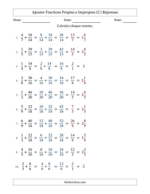 Ajouter fractions propres e impropres avec des dénominateurs similaires, résultats en fractions mixtes, et avec simplification dans tous les problèmes (C) page 2