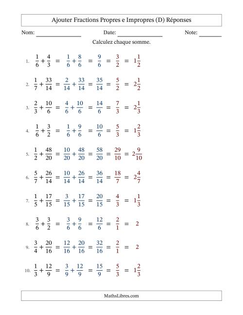 Ajouter fractions propres e impropres avec des dénominateurs similaires, résultats en fractions mixtes, et avec simplification dans tous les problèmes (D) page 2