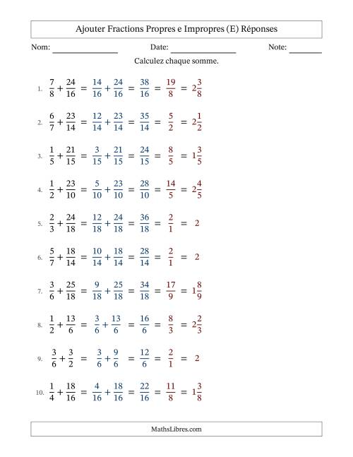Ajouter fractions propres e impropres avec des dénominateurs similaires, résultats en fractions mixtes, et avec simplification dans tous les problèmes (E) page 2
