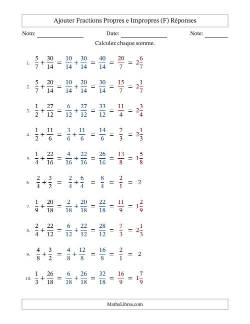 Ajouter fractions propres e impropres avec des dénominateurs similaires, résultats en fractions mixtes, et avec simplification dans tous les problèmes (F) page 2