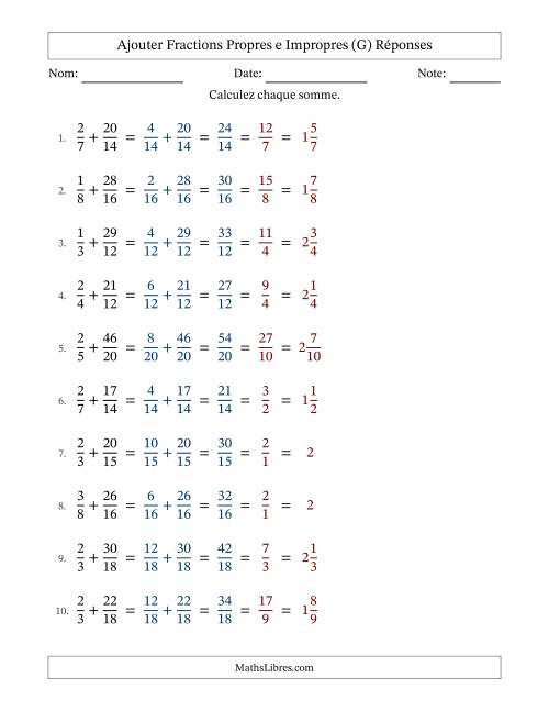 Ajouter fractions propres e impropres avec des dénominateurs similaires, résultats en fractions mixtes, et avec simplification dans tous les problèmes (G) page 2