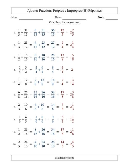 Ajouter fractions propres e impropres avec des dénominateurs similaires, résultats en fractions mixtes, et avec simplification dans tous les problèmes (H) page 2