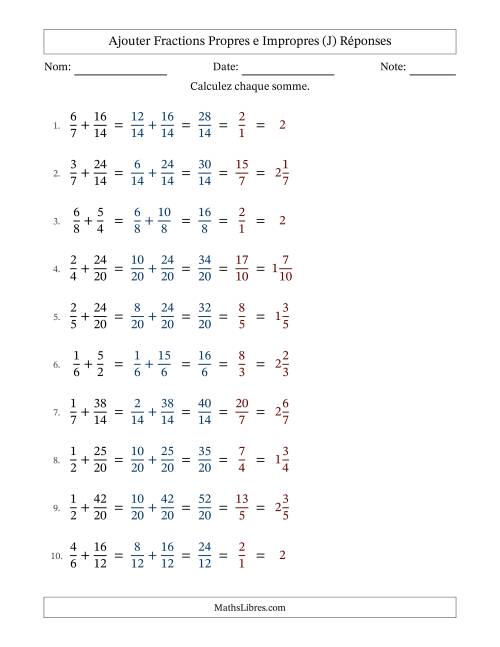 Ajouter fractions propres e impropres avec des dénominateurs similaires, résultats en fractions mixtes, et avec simplification dans tous les problèmes (J) page 2