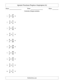 Ajouter fractions propres e impropres avec des dénominateurs similaires, résultats en fractions mixtes, et avec simplification dans quelques problèmes