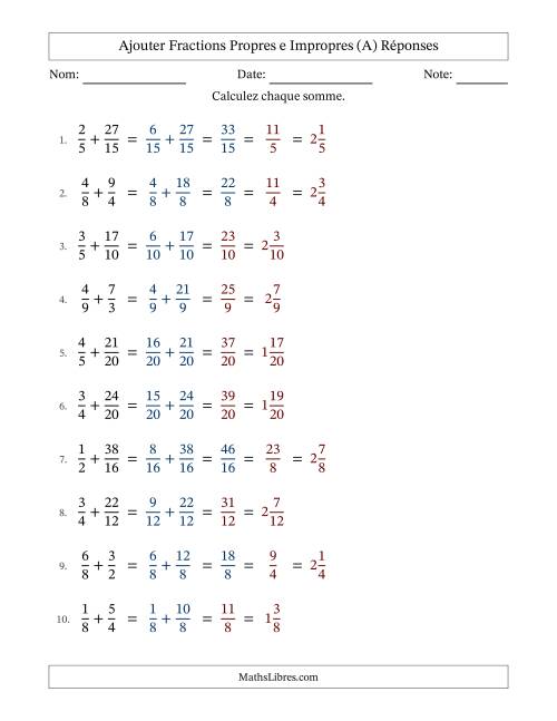 Ajouter fractions propres e impropres avec des dénominateurs similaires, résultats en fractions mixtes, et avec simplification dans quelques problèmes (A) page 2
