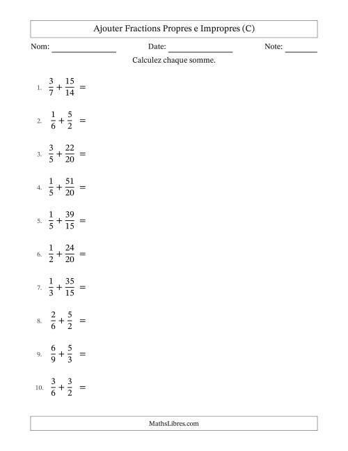 Ajouter fractions propres e impropres avec des dénominateurs similaires, résultats en fractions mixtes, et avec simplification dans quelques problèmes (C)