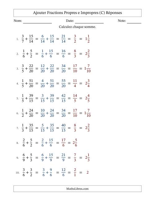 Ajouter fractions propres e impropres avec des dénominateurs similaires, résultats en fractions mixtes, et avec simplification dans quelques problèmes (C) page 2