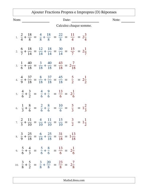 Ajouter fractions propres e impropres avec des dénominateurs similaires, résultats en fractions mixtes, et avec simplification dans quelques problèmes (D) page 2
