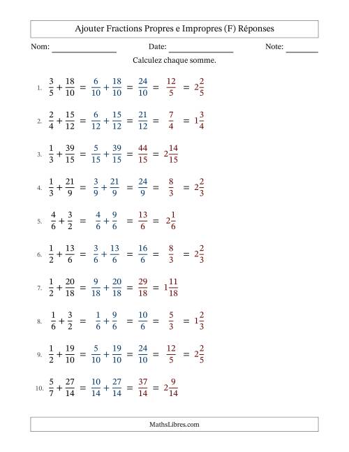 Ajouter fractions propres e impropres avec des dénominateurs similaires, résultats en fractions mixtes, et avec simplification dans quelques problèmes (F) page 2