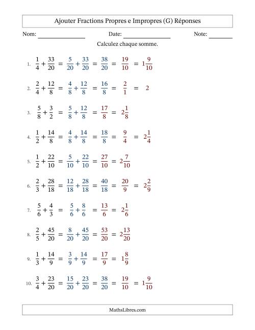 Ajouter fractions propres e impropres avec des dénominateurs similaires, résultats en fractions mixtes, et avec simplification dans quelques problèmes (G) page 2