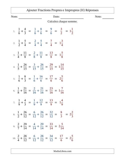 Ajouter fractions propres e impropres avec des dénominateurs similaires, résultats en fractions mixtes, et avec simplification dans quelques problèmes (H) page 2