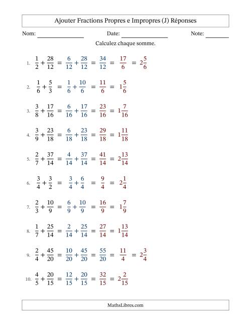 Ajouter fractions propres e impropres avec des dénominateurs similaires, résultats en fractions mixtes, et avec simplification dans quelques problèmes (J) page 2