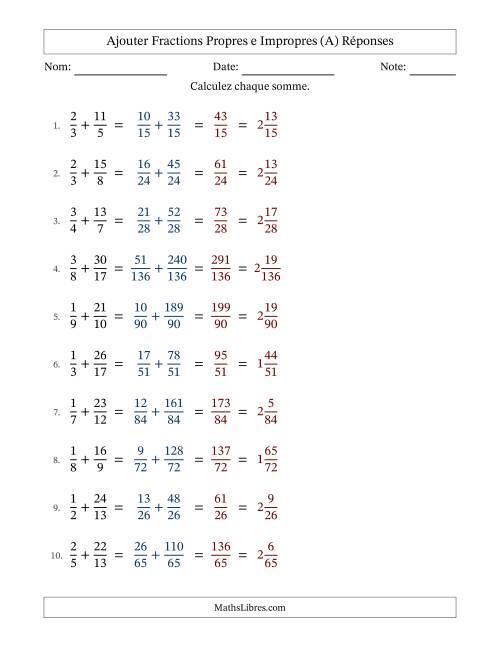 Ajouter fractions propres e impropres avec des dénominateurs différents, résultats en fractions mixtes, et sans simplification (A) page 2