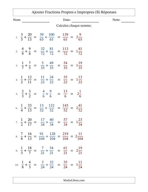 Ajouter fractions propres e impropres avec des dénominateurs différents, résultats en fractions mixtes, et sans simplification (B) page 2