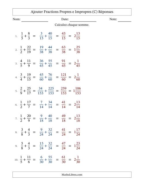 Ajouter fractions propres e impropres avec des dénominateurs différents, résultats en fractions mixtes, et sans simplification (C) page 2