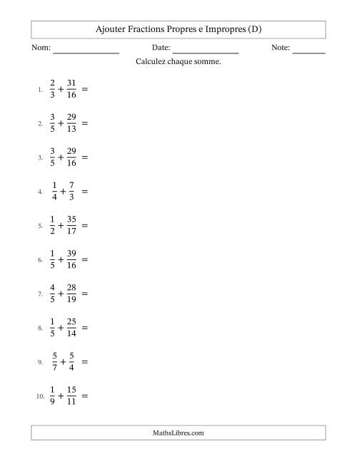 Ajouter fractions propres e impropres avec des dénominateurs différents, résultats en fractions mixtes, et sans simplification (D)