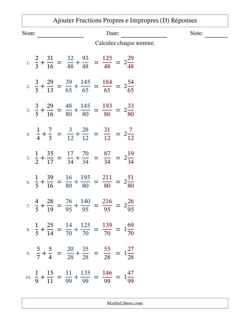 Ajouter fractions propres e impropres avec des dénominateurs différents, résultats en fractions mixtes, et sans simplification (D) page 2