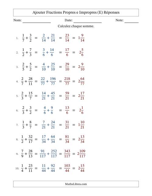 Ajouter fractions propres e impropres avec des dénominateurs différents, résultats en fractions mixtes, et sans simplification (E) page 2