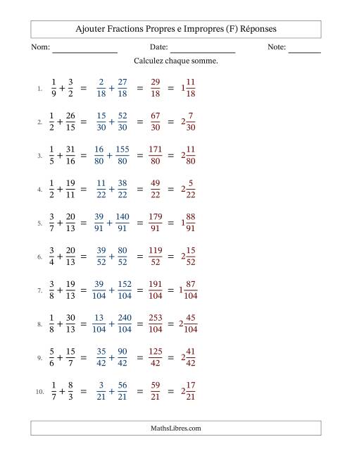 Ajouter fractions propres e impropres avec des dénominateurs différents, résultats en fractions mixtes, et sans simplification (F) page 2