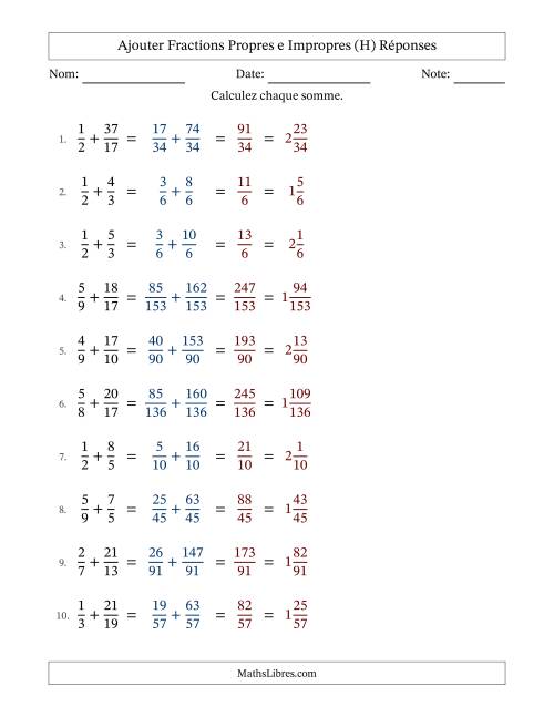 Ajouter fractions propres e impropres avec des dénominateurs différents, résultats en fractions mixtes, et sans simplification (H) page 2