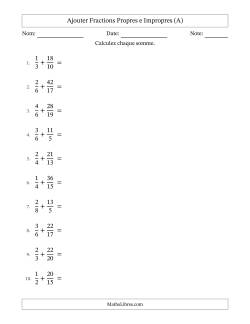 Ajouter fractions propres e impropres avec des dénominateurs différents, résultats en fractions mixtes, et avec simplification dans tous les problèmes