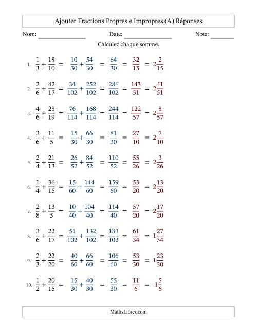 Ajouter fractions propres e impropres avec des dénominateurs différents, résultats en fractions mixtes, et avec simplification dans tous les problèmes (A) page 2